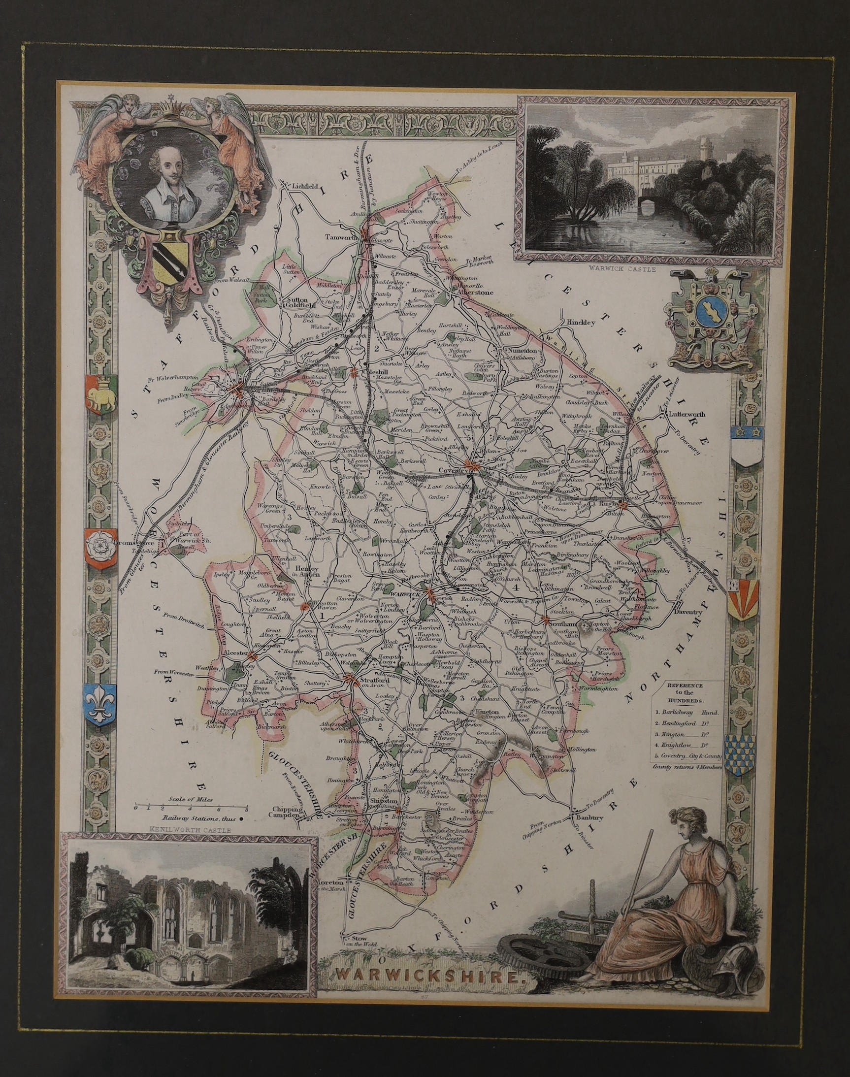 A hand coloured steel engraving of the Brighton Royal Chain Pier, 10 x 15cm, and two steel engraved maps, Oxfordshire and Warwickshire, largest 26 x 20cm